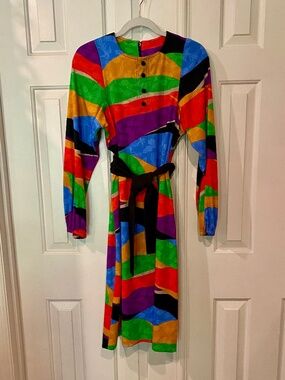 ☮️ Vintage Toni Todd Belted Multi Colorblock Dress, Long Sleeve Sm/Med 🎨1970’s